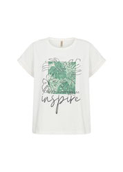 T-shirt graphique de couleur blanc avec dessin de feuilles vertes, style décontracté, confortable pour le yoga et le quotidien.