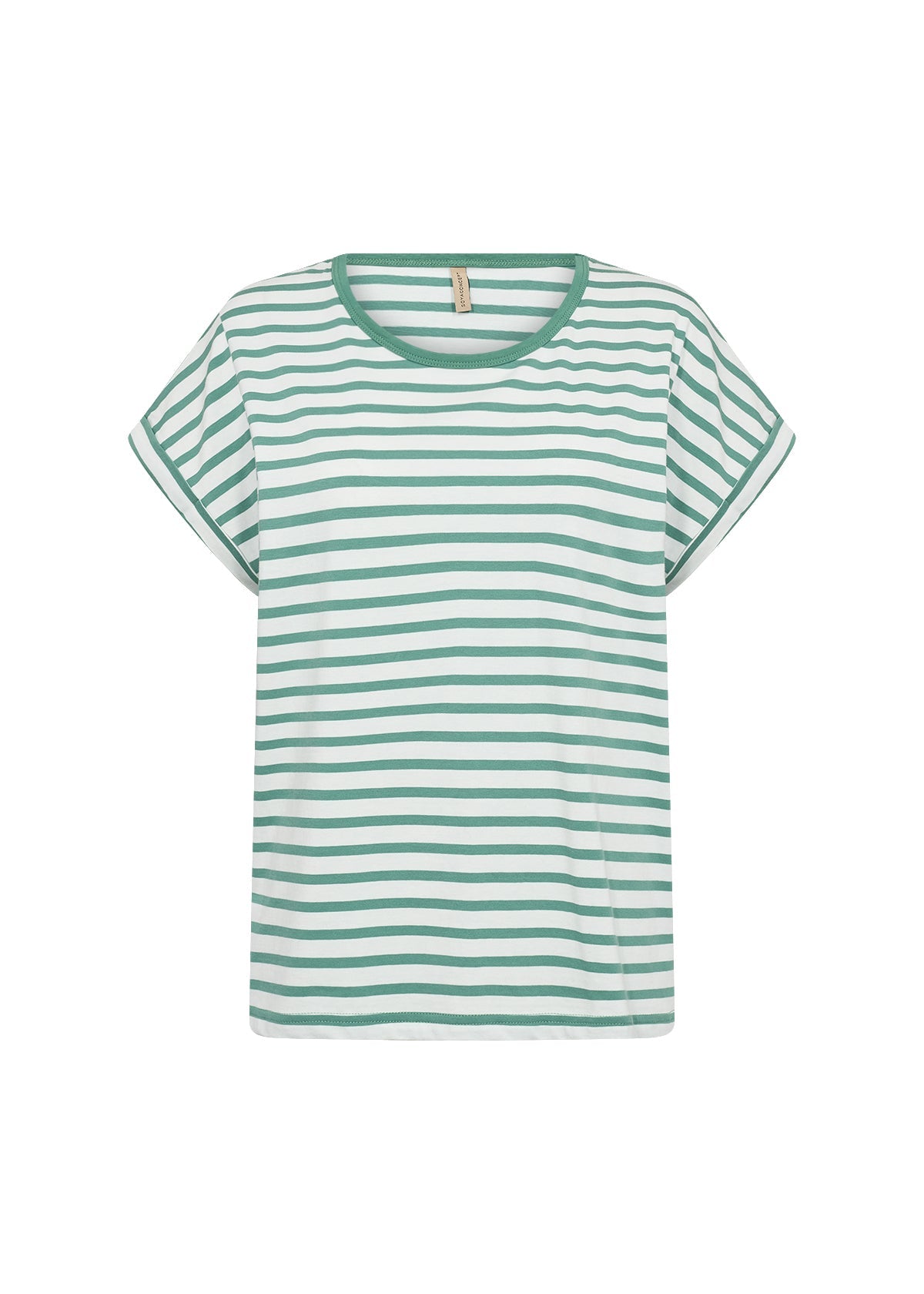 T-shirt à rayures avec col rond, tissu en coton et élasthanne, style confortable et polyvalent pour le quotidien et le sport.