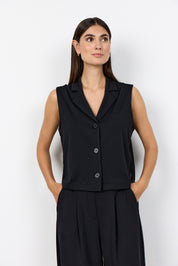 Veste noire sans manches à col tailleur et trois boutons