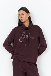 Chandail prune pour femme à inscription rosée et cordons ton sur ton