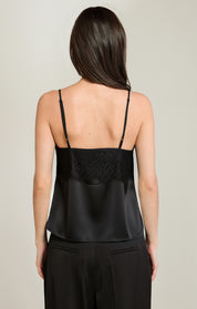 Camisole noire satinée bordée de dentelle, vue de dos