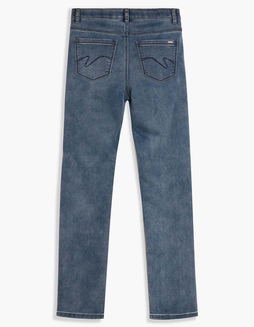 Jeans droit bleu moyen doublé avec cinq poches et surpiqûres courbes au dos