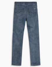 Jeans droit bleu moyen doublé avec cinq poches et surpiqûres courbes au dos