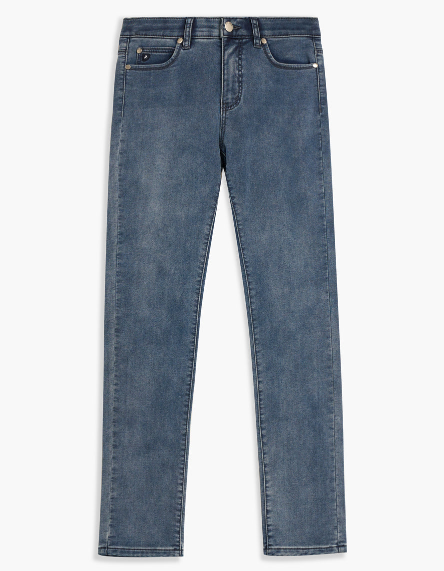 Jeans droit bleu moyen doublé avec cinq poches et surpiqûres courbes au dos