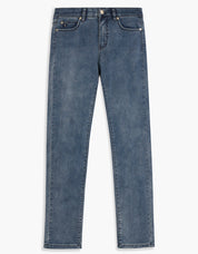 Jeans droit bleu moyen doublé avec cinq poches et surpiqûres courbes au dos