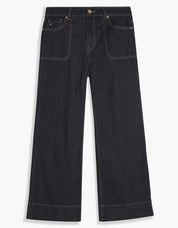 Jeans marine foncé à jambe large écourtée avec poches plaquées et foulard assorti