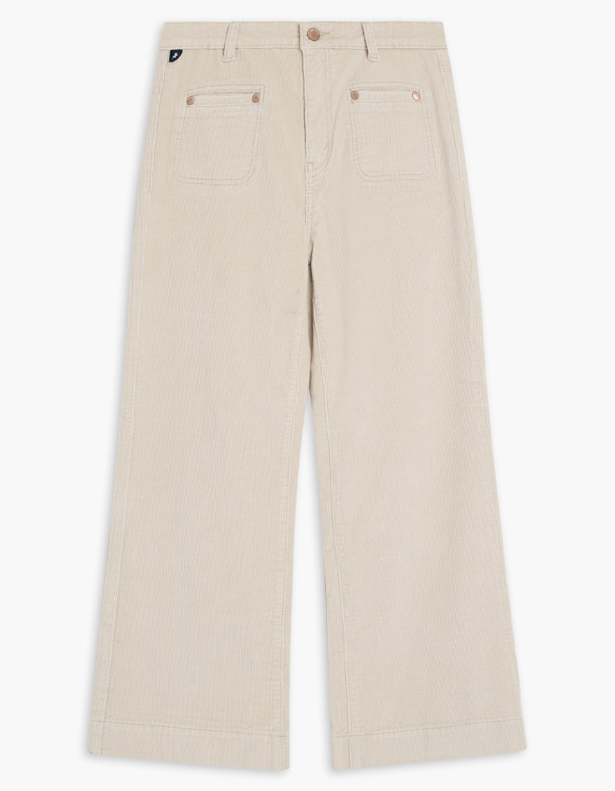 Pantalon crème en velours côtelé à taille haute et jambe écourtée évasée