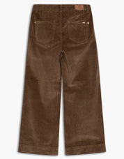 Pantalon Lois en velours cotele couleur caramel chestnut, a jambe large et taille haute, avec un panneau amincissant a l'avant.