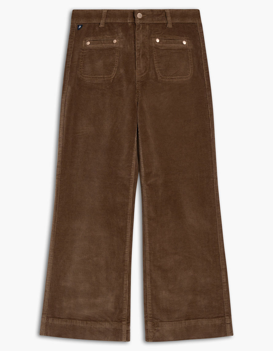 Pantalon Lois en velours cotele couleur caramel chestnut, a jambe large et taille haute, avec un panneau amincissant a l'avant.