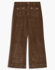 Pantalon Lois en velours cotele couleur caramel chestnut, a jambe large et taille haute, avec un panneau amincissant a l'avant.