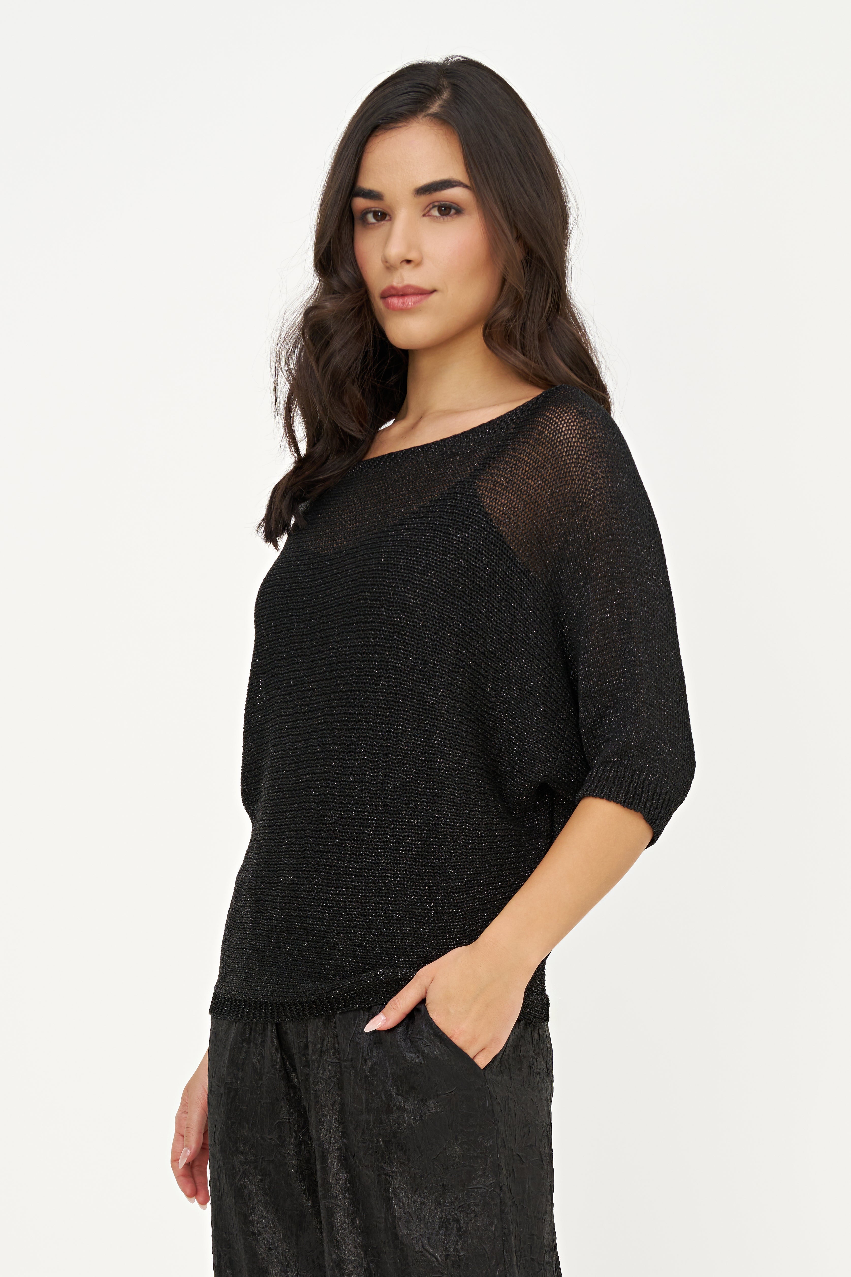Chandail noir lurex à manches trois-quarts, vue de trois quarts