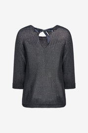 Dos du chandail noir lurex avec ouverture et boucle satinée
