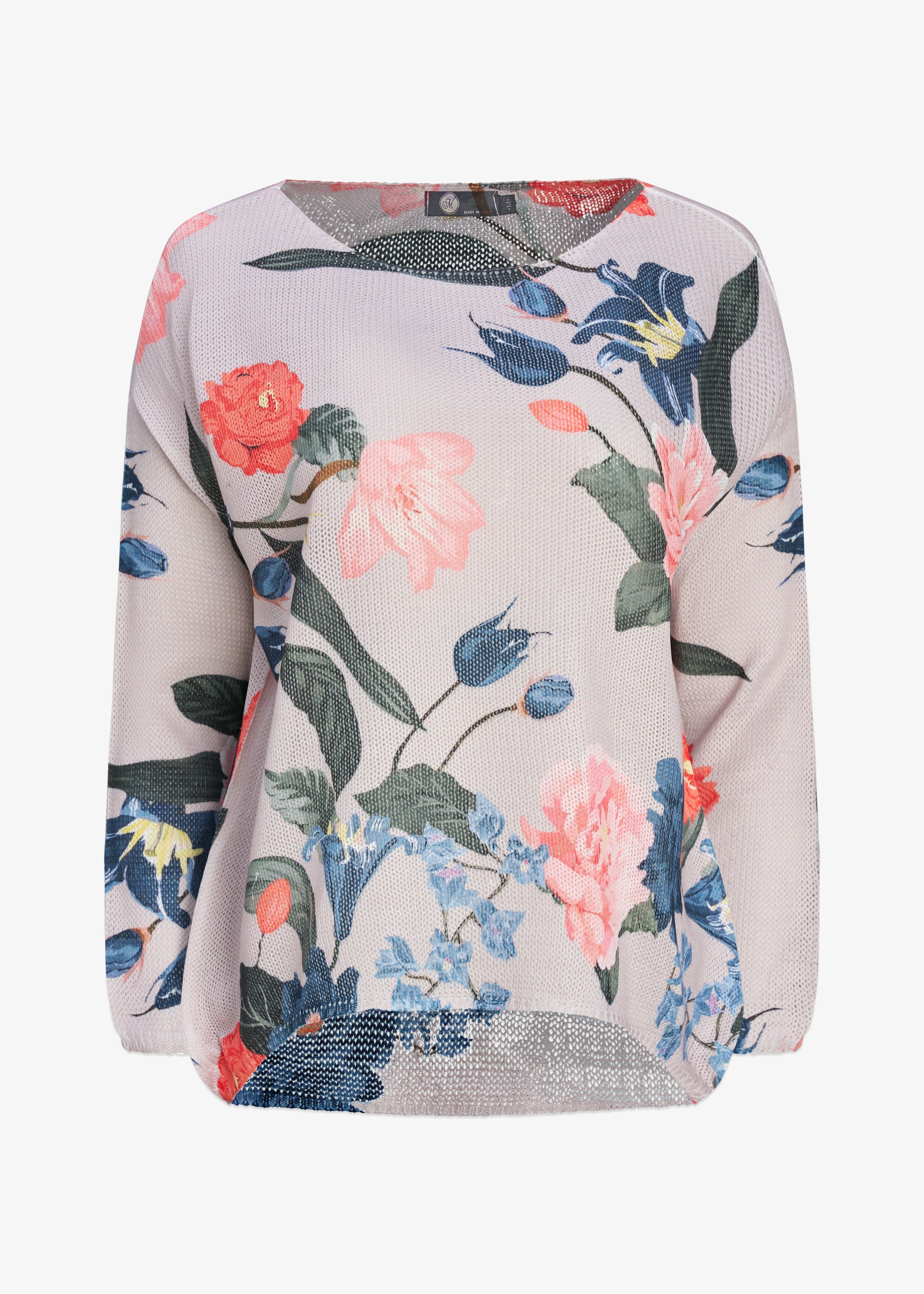 Chandail en tricot fin à manches longues, couleur crème 'Fleur d'avoine', avec un délicat motif floral réparti sur l'ensemble.