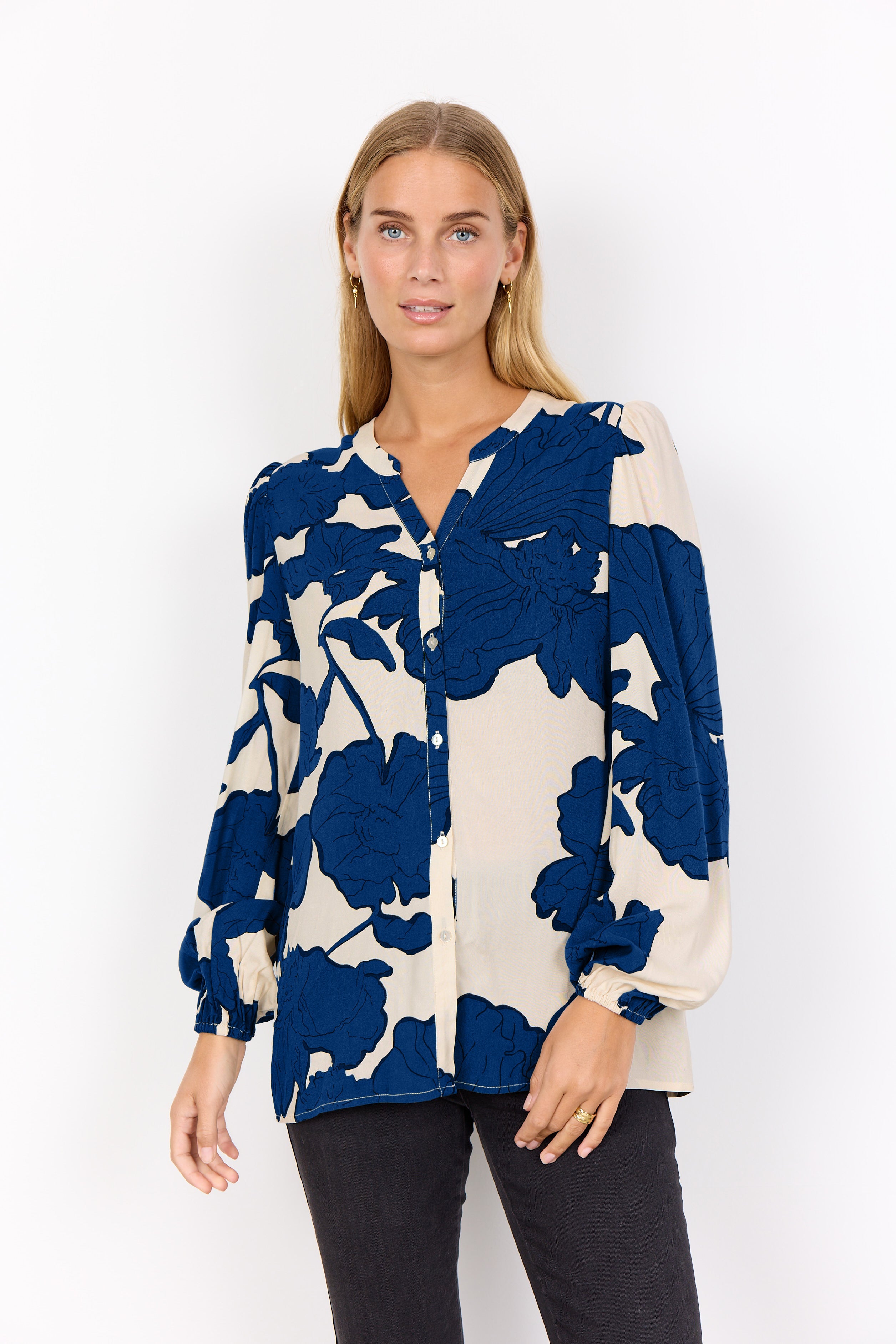 Blouse Imprimée Col V Élastique au Poignet