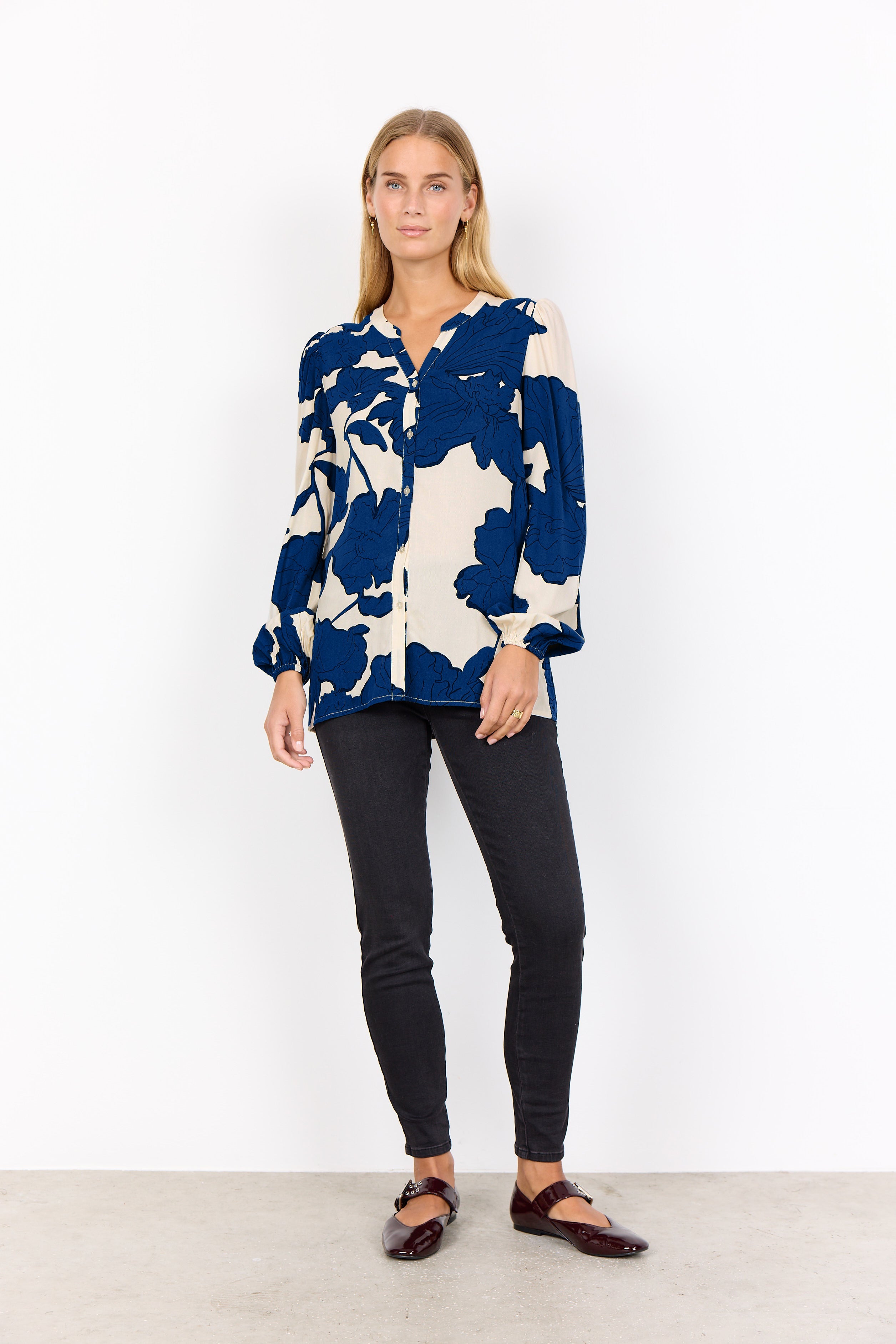 Blouse Imprimée Col V Élastique au Poignet
