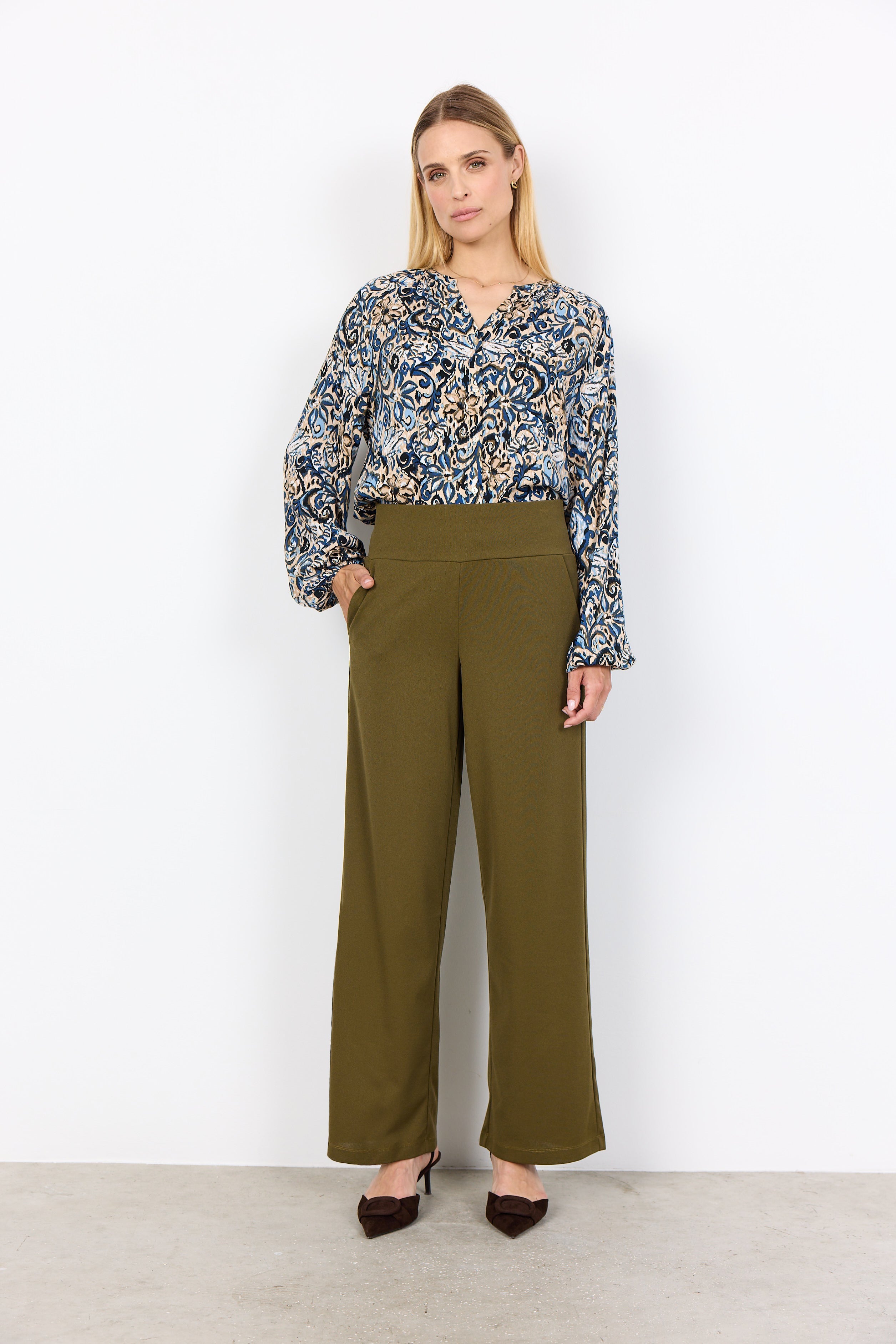 Blouse Imprimée Col V Élastique au Poignet