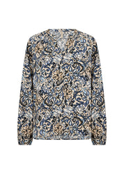 Blouse Imprimée Col V Élastique au Poignet
