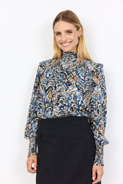 Blouse Imprimée avec Nid d'Abeille Col Montant