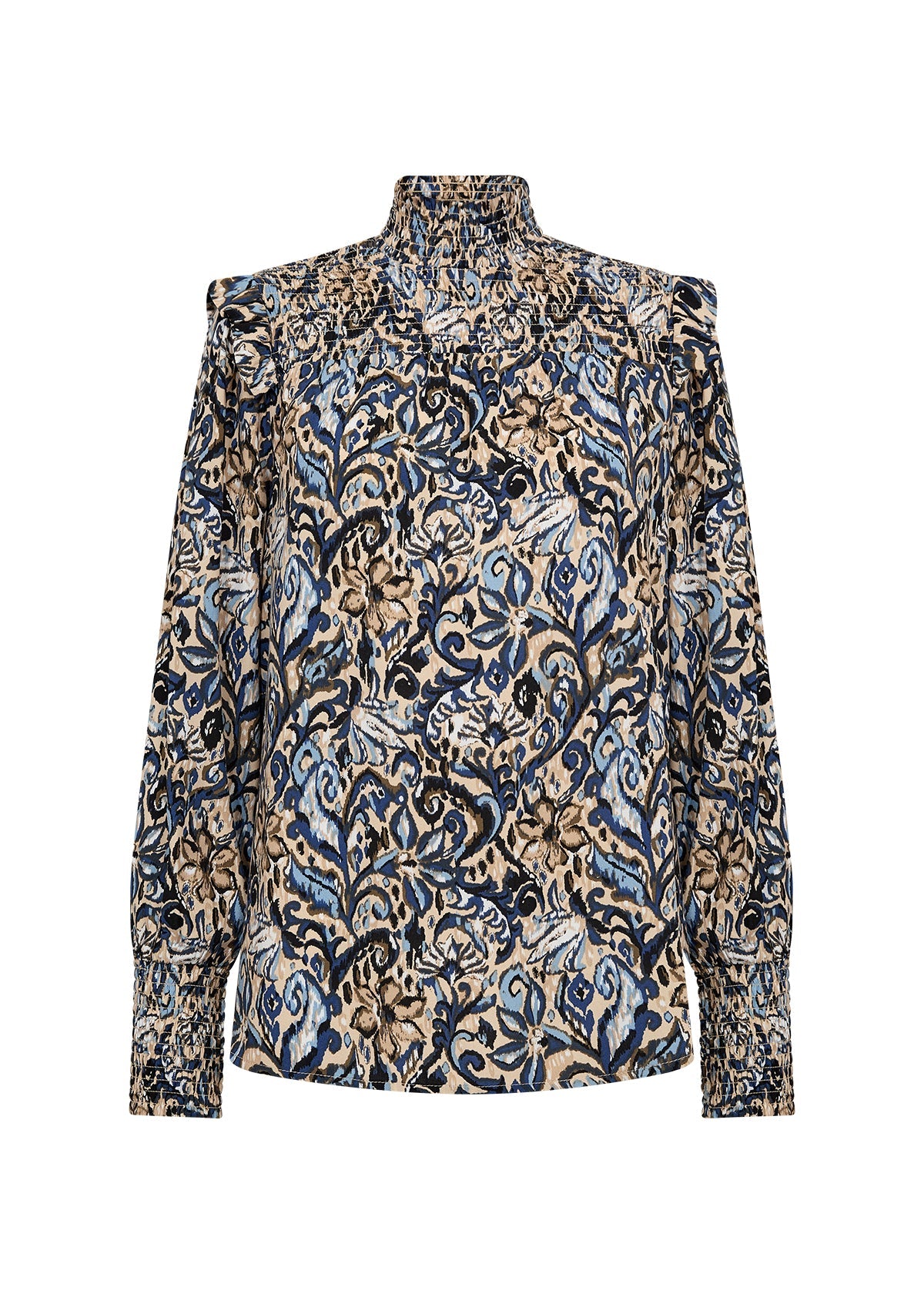 Blouse Imprimée avec Nid d'Abeille Col Montant
