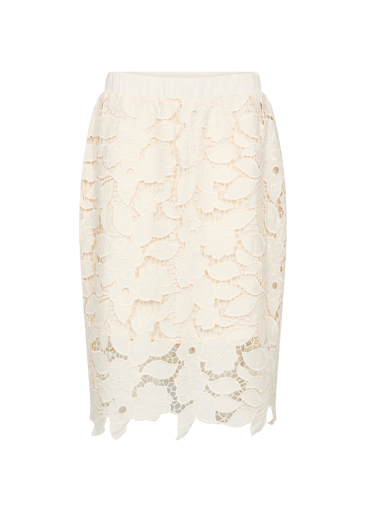Jupe en dentelle couleur crème, longueur sous le genou, taille élastique, style élégant et féminin avec doublure intérieure.