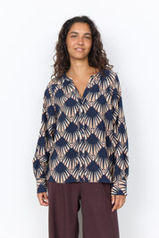 Blouse marine à grands motifs éventails ivoire et prune, manches longues