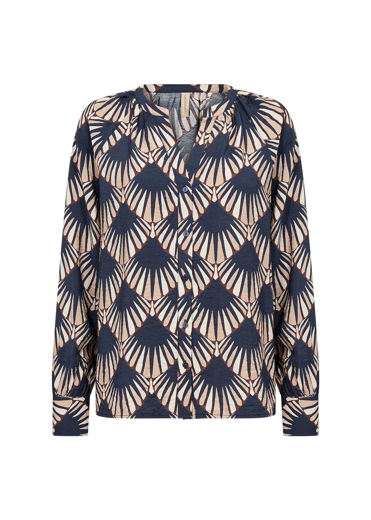Blouse boutonnée marine à motif éventails Art déco et col ouvert