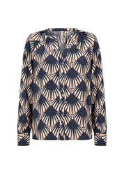 Blouse boutonnée marine à motif éventails Art déco et col ouvert