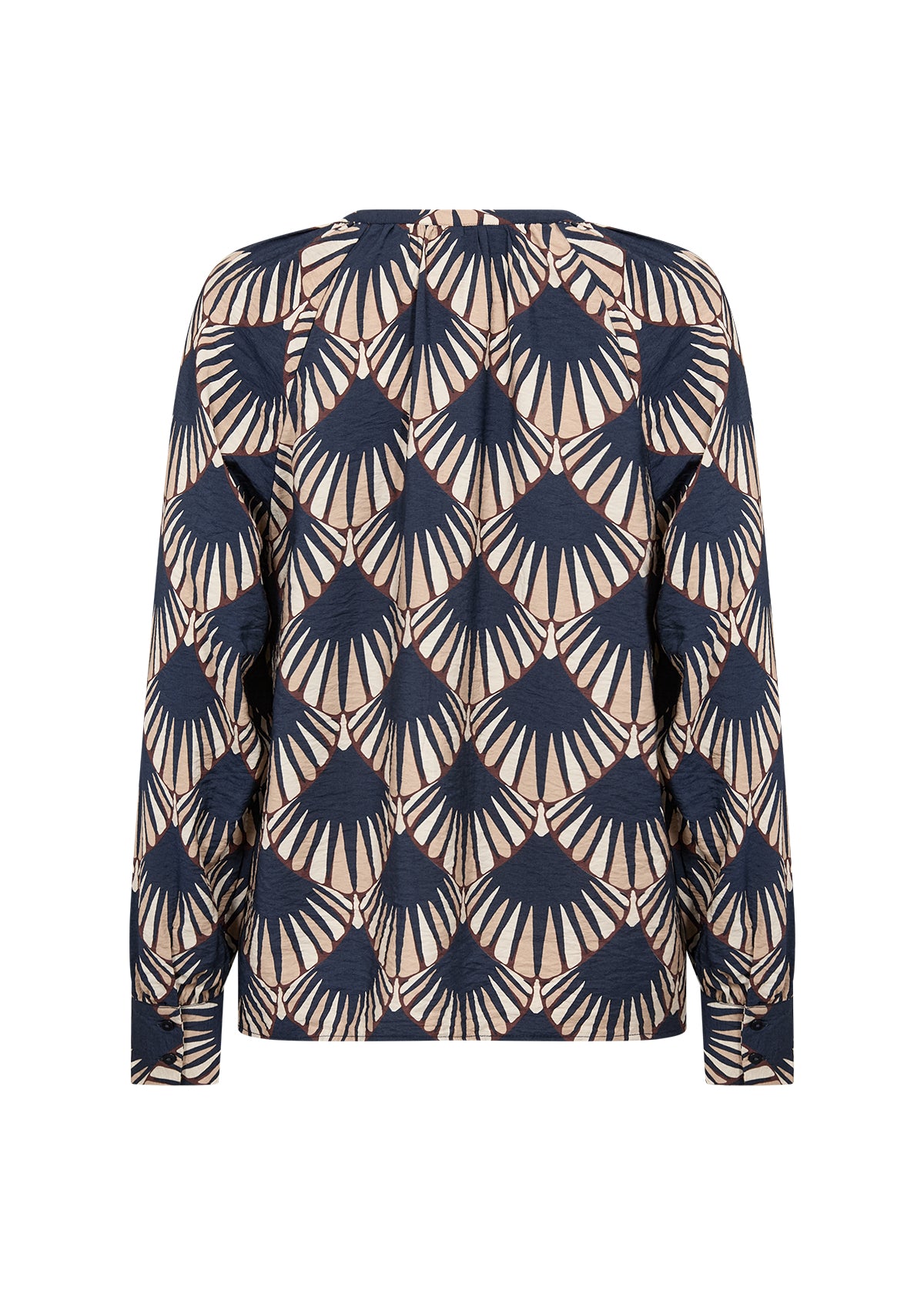 Vue arrière de la blouse imprimée marine, ivoire et prune