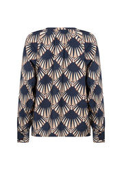 Vue arrière de la blouse imprimée marine, ivoire et prune