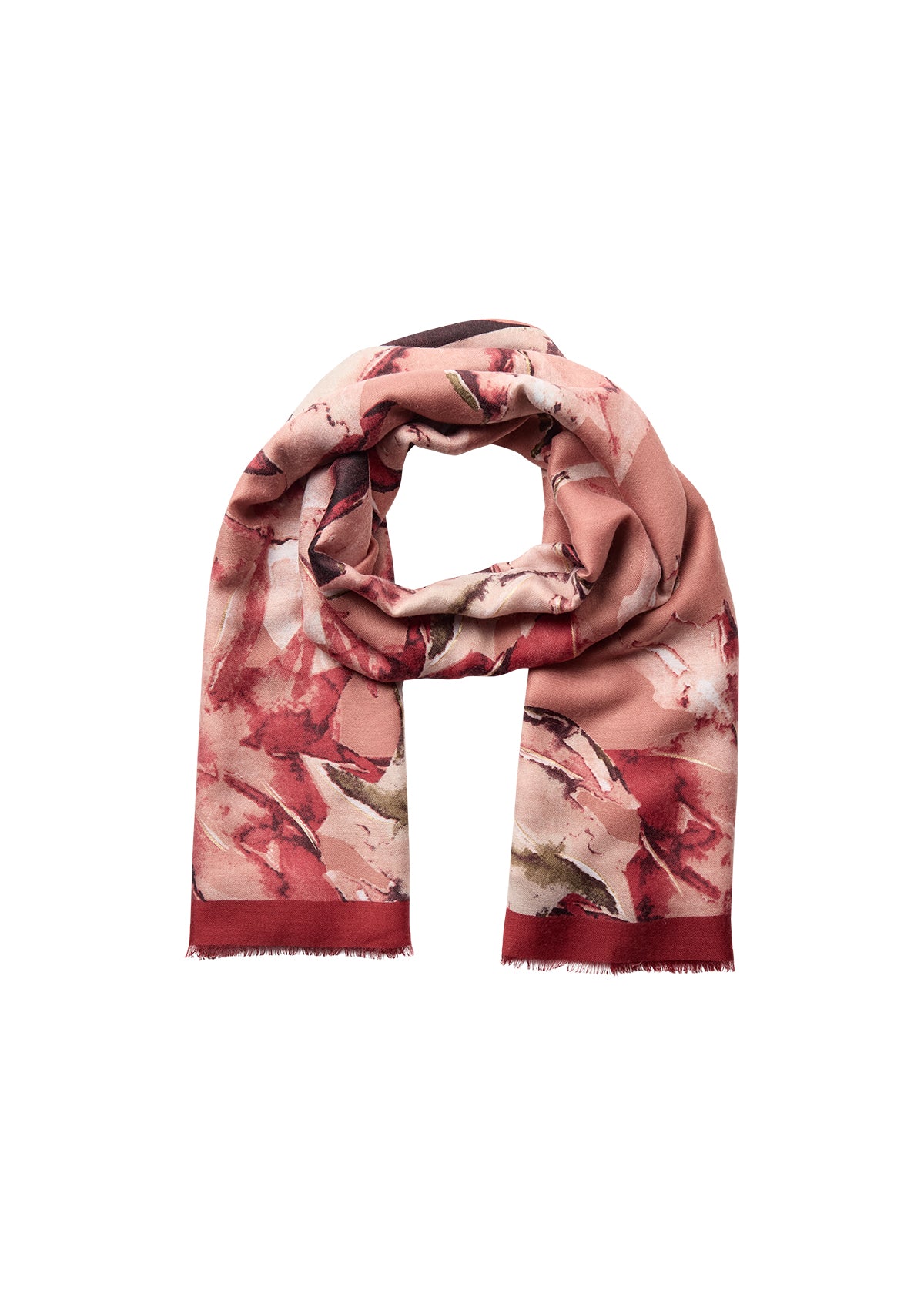 Foulard de la compagnie Soya Concept avec un imprimé abstrait dans les tons de rouges.