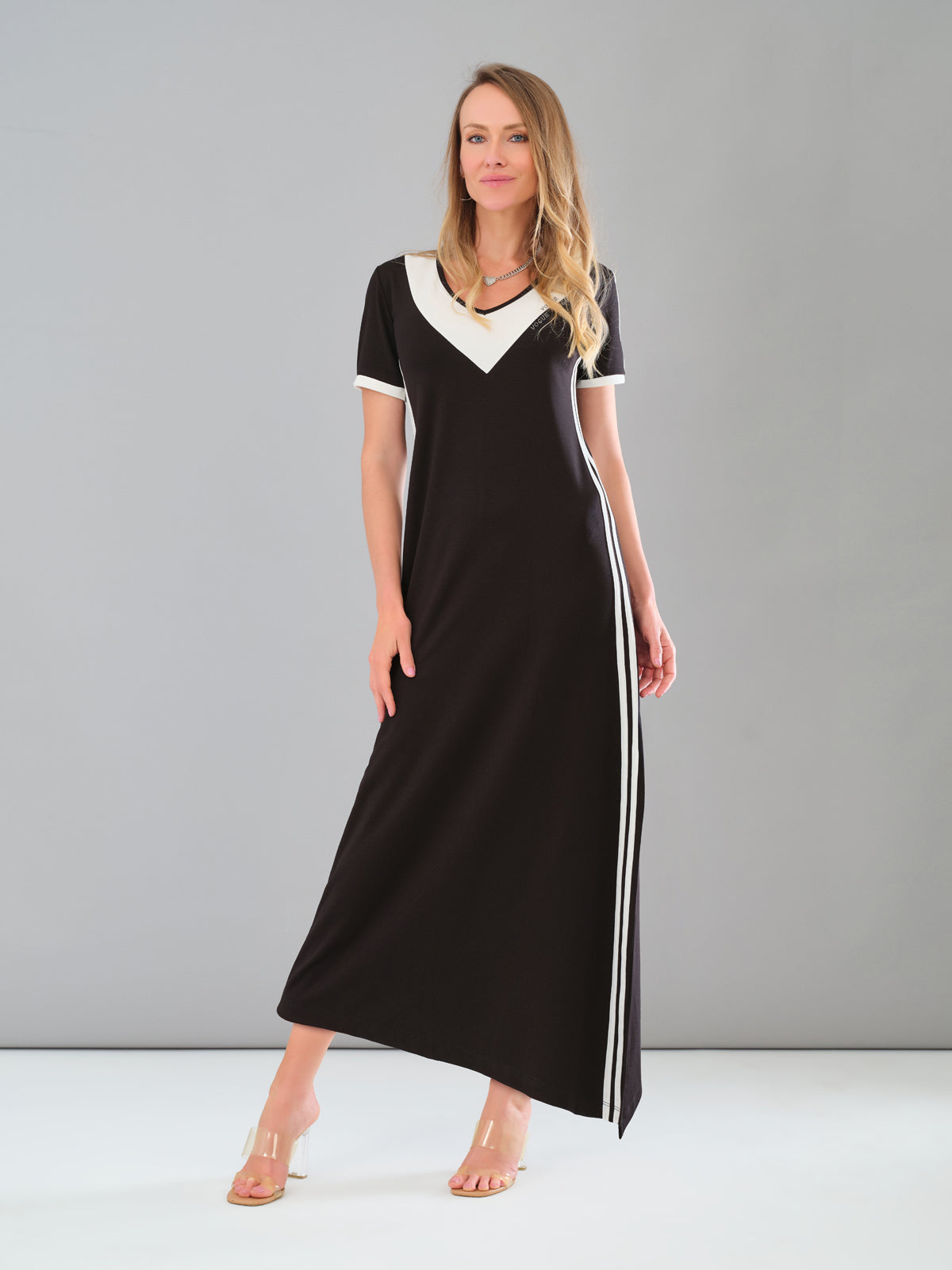 Robe Longue Col en V avec Bandes sur les Côtés