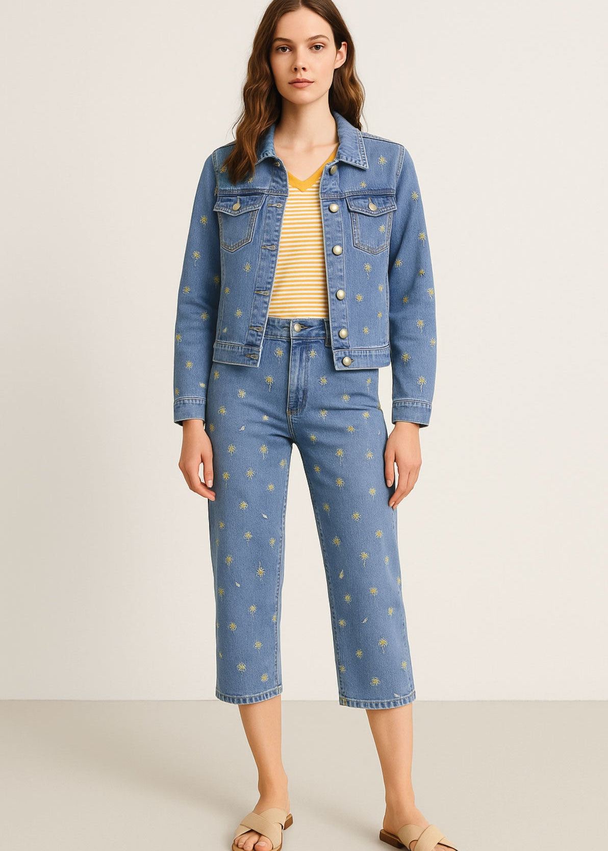 Veste en jeans avec broderies de marguerites, tissu en coton mélangé avec légère élasticité, style féminin et classique.
