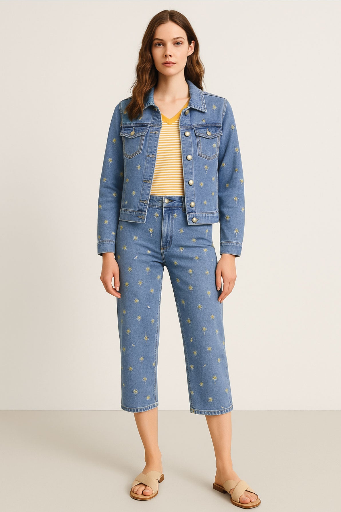 Veste en jeans avec broderies de marguerites, tissu en coton mélangé avec légère élasticité, style féminin et classique.