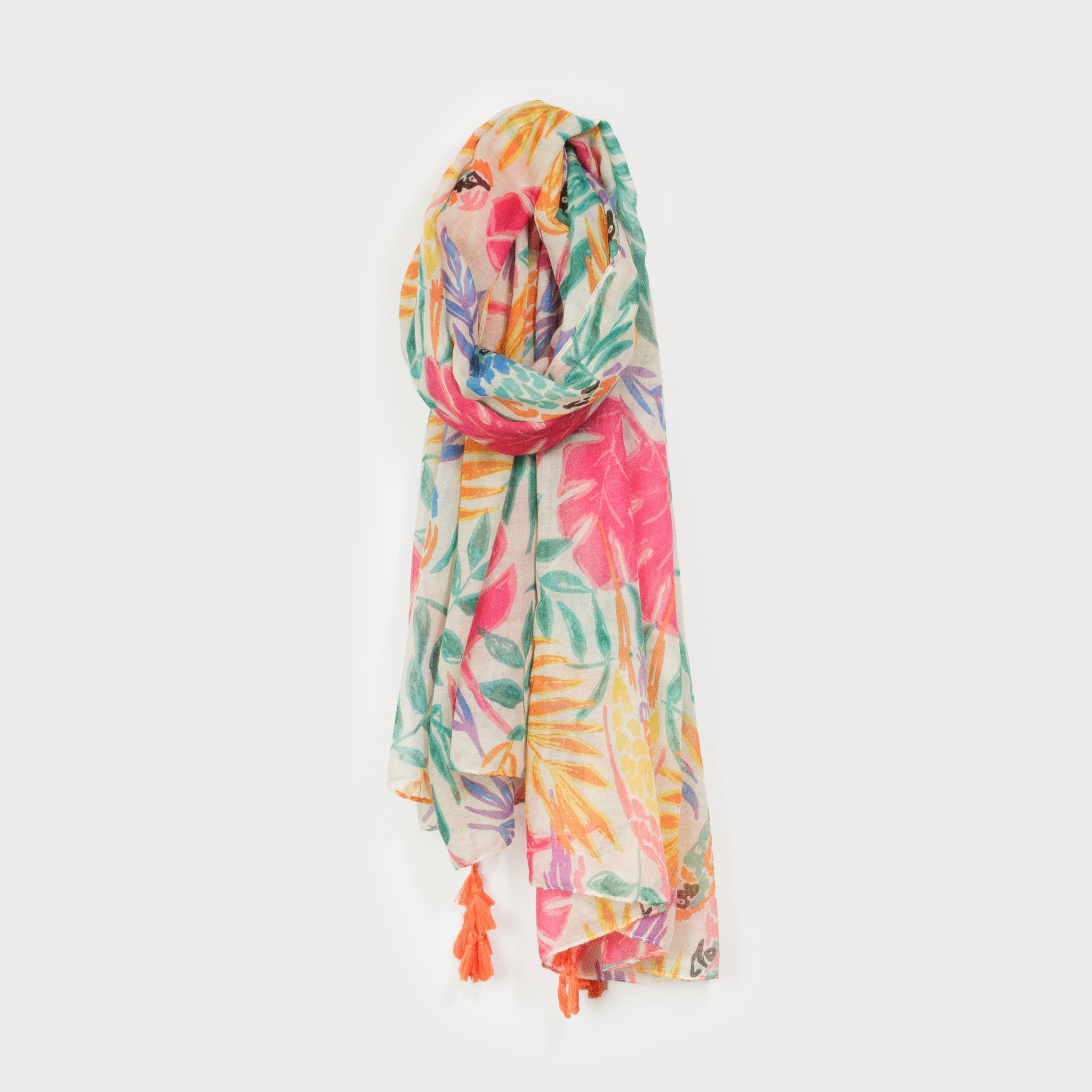 Foulard Léger Imprimé Floral avec Pompons