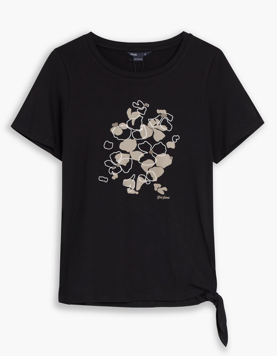 T-shirt noir pour femme à col rond avec imprimé floral et nœud au bas, style féminin et confortable