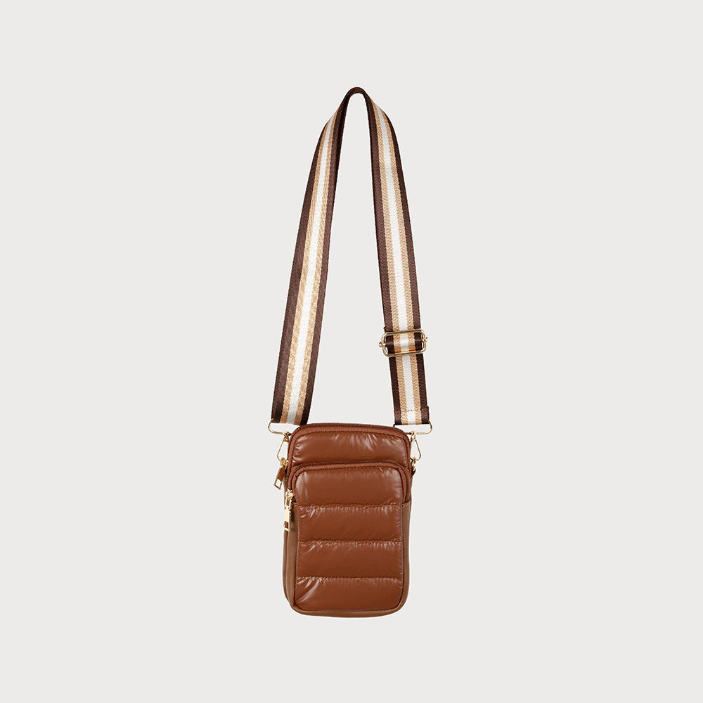 Petit sac bandoulière chocolat matelassé avec deux pochettes zippées