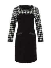Robe noire pour femme, motif pied de coq imprimé, mélange modal et polyester. Marque Dolcezza.