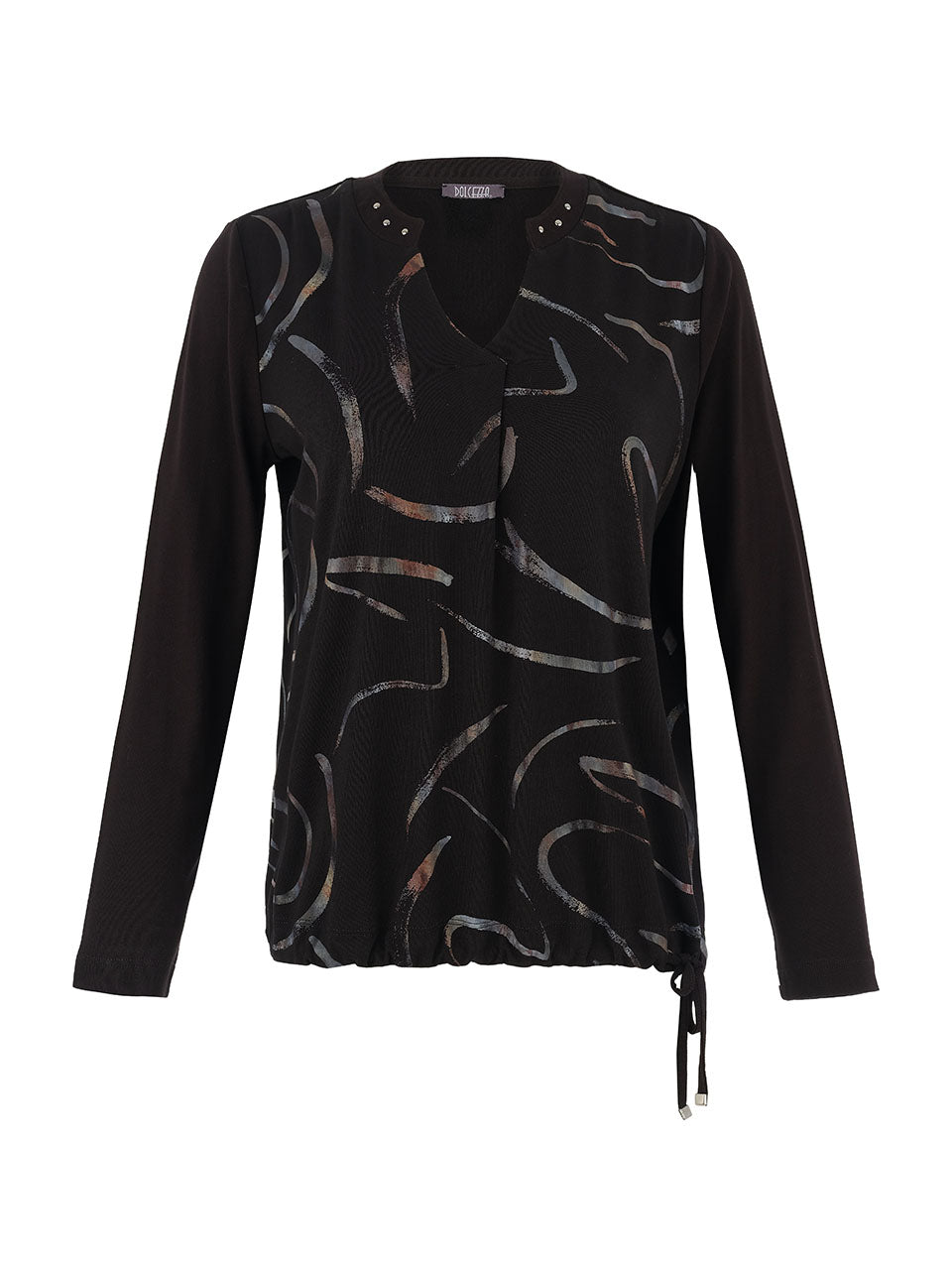 Chandail noir pour femme, avec cordon de serrage à l'ourlet. Tissu fluide 95% Viscose, 5% Élasthanne. Marque Dolcezza.