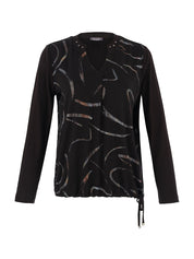 Chandail noir pour femme, avec cordon de serrage à l'ourlet. Tissu fluide 95% Viscose, 5% Élasthanne. Marque Dolcezza.