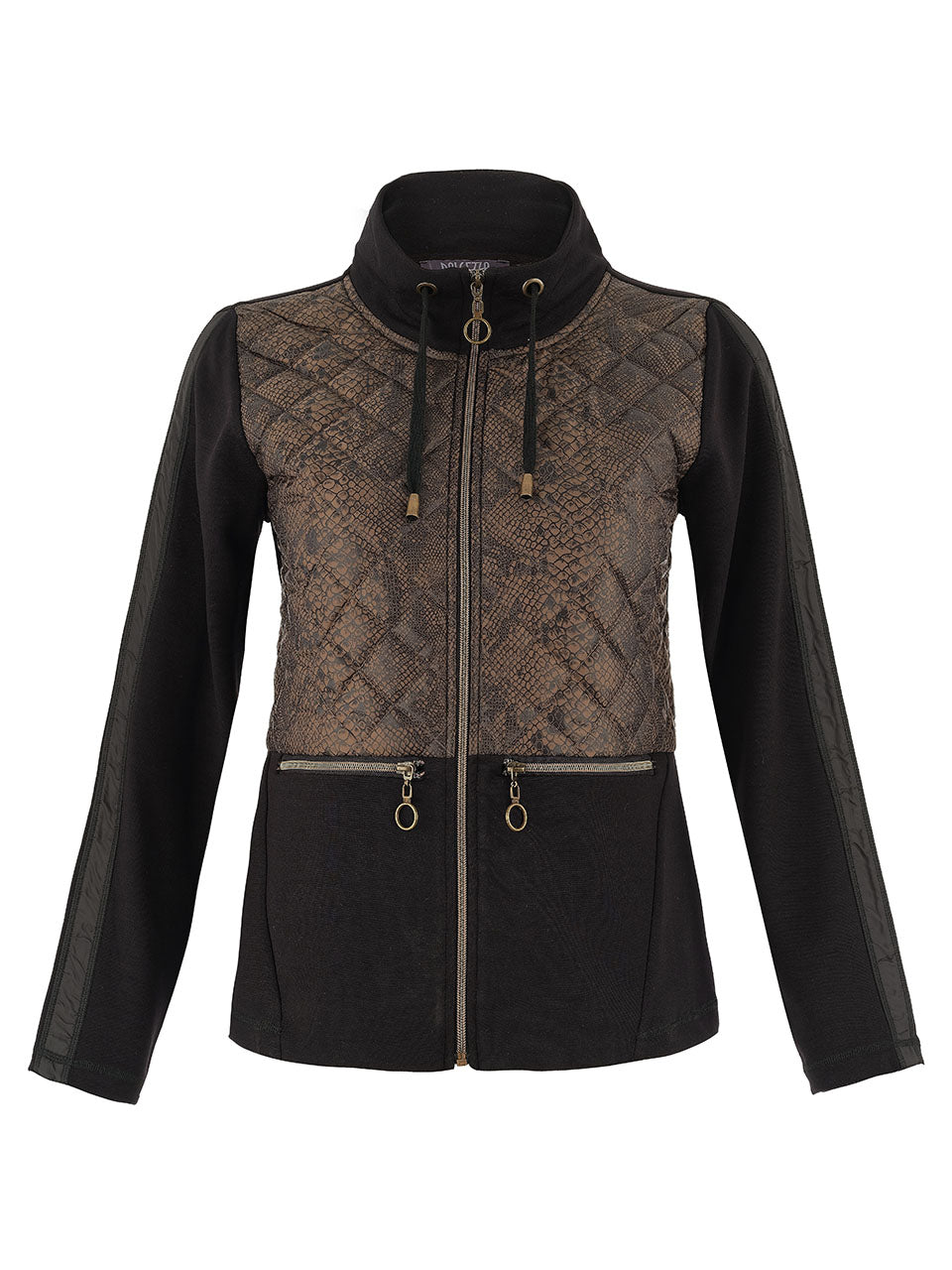 Cardigan long pour femme, disponible en noir et kaki. Tissu extensible 45% modal, 45% polyester, 10% élasthanne. Marque Dolcezza.