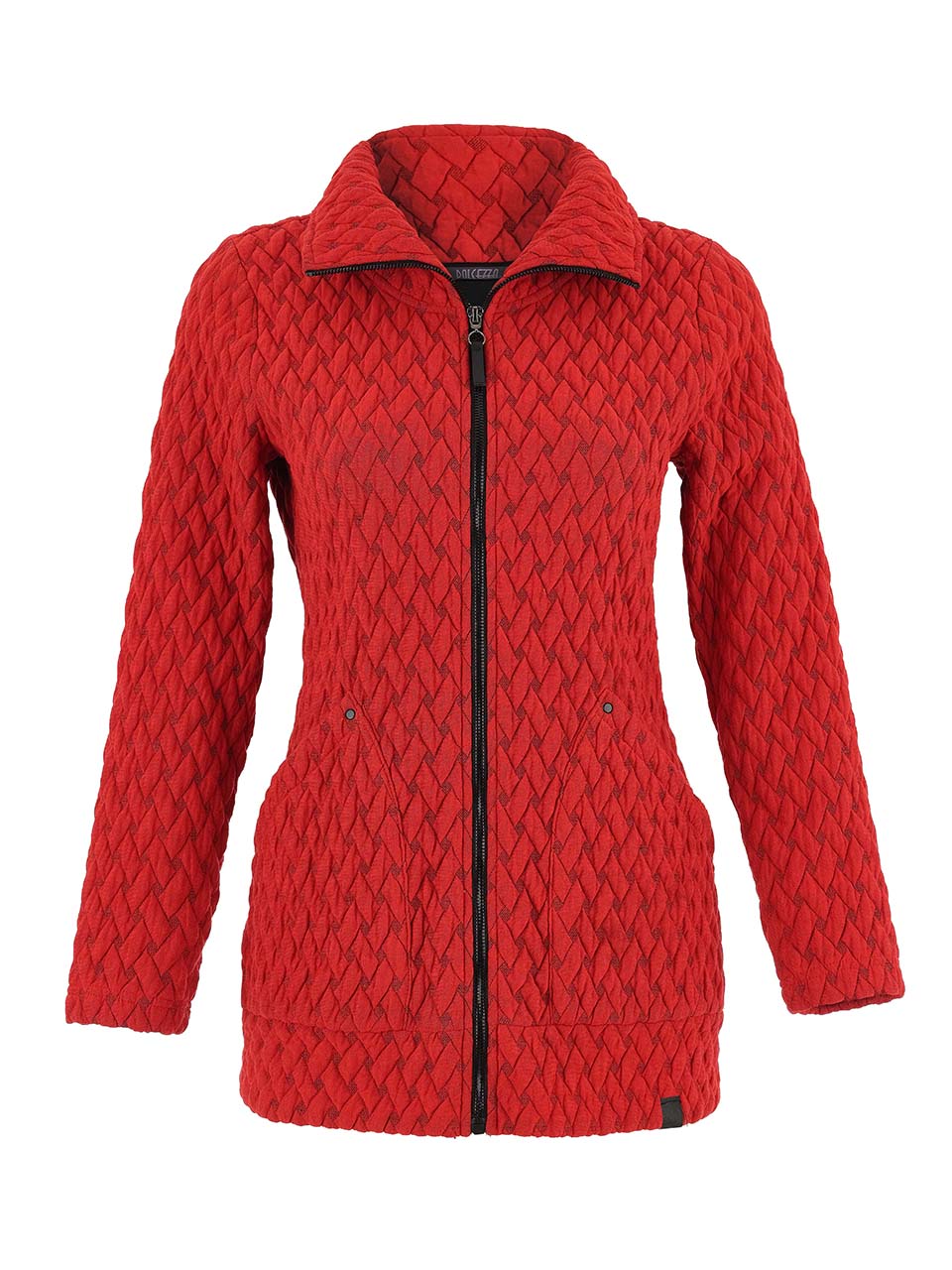 Cardigan en tricot gaufré pour femme, texture en relief. Tissu 70% polyester, 27% viscose, 3% élasthanne. Marque Dolcezza.