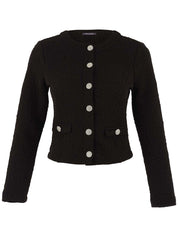 Veston court noir pour femme, style classique "Chanel" en tissu texturé. Composition 97% polyester, 3% élasthanne. Marque Dolcezza.