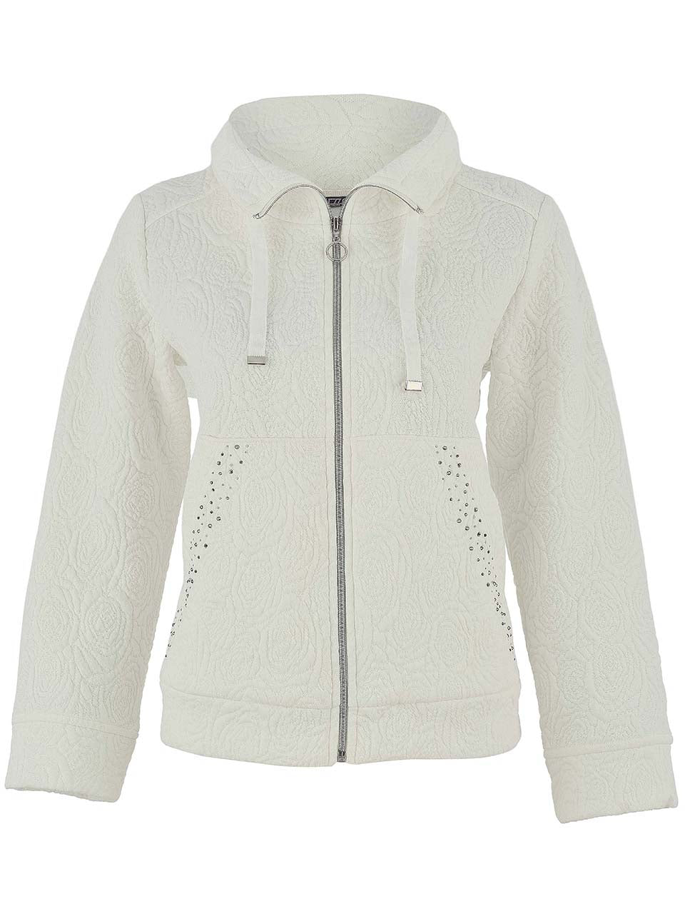 Veste Dolcezza zippée de couleur ivoire, avec des roses en relief, une breloque de zip en cercle et des brillants sur les poches.