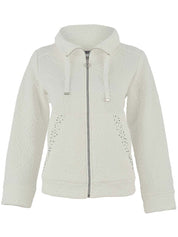 Veste Dolcezza zippée de couleur ivoire, avec des roses en relief, une breloque de zip en cercle et des brillants sur les poches.