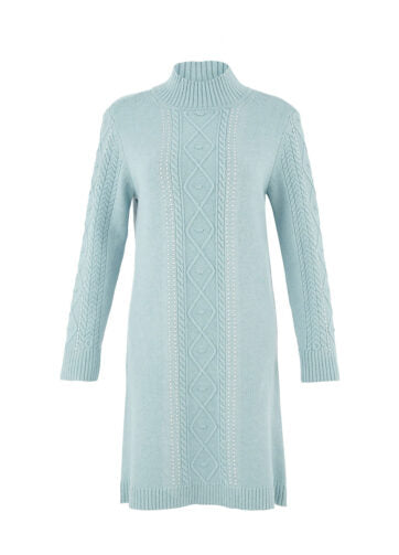 Robe en tricot pour femme, de couleur Aqua (bleu-vert clair) par Dolcezza. Tissu doux et chaud en polyester, acrylique et nylon.