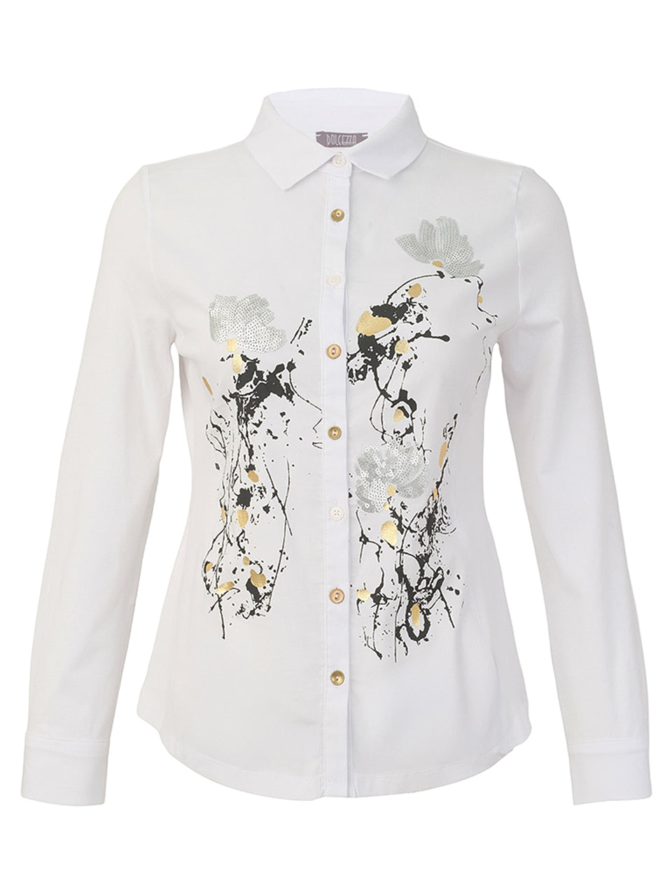Blouse blanche boutonnée à col pointu avec imprimé abstrait noir gris et jaune Dolcezza