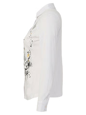 Blouse blanche boutonnée à col pointu avec imprimé abstrait noir gris et jaune Dolcezza