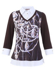 Chandail noir et blanc effet superposé avec col chemise et imprimé abstrait Dolcezza