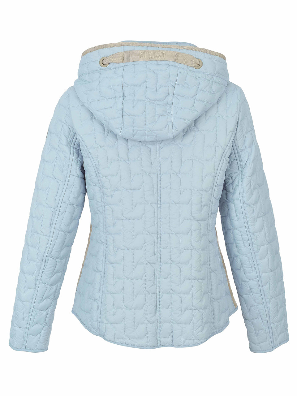 Manteau court bleu ciel matelassé avec capuchon, vue de dos