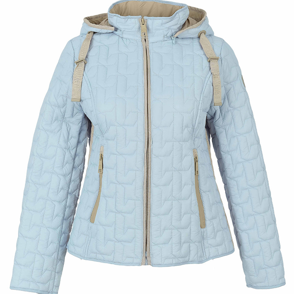 Manteau matelassé court bleu ciel à capuchon, vue de face